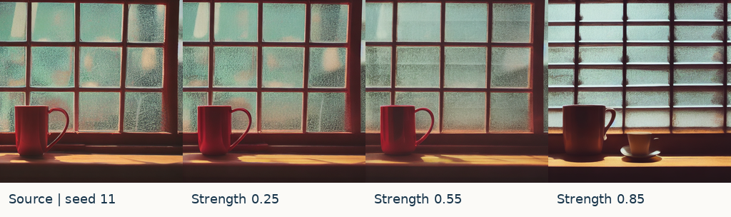同一红杯原图的图生图结果:原图,以及strength 0.25、0.55、0.85。文本都要求蓝杯,较大strength改变了窗格并增加杯碟,但没有可靠改蓝。